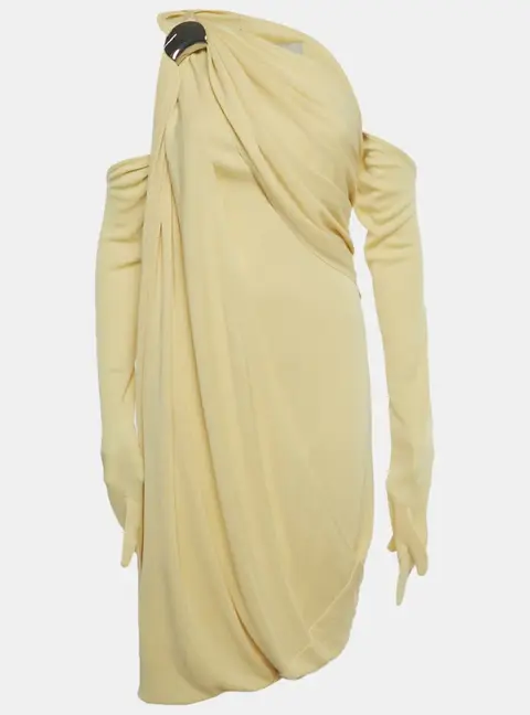 Chats By C.Dam Yellow Jersey One-Shoulder Draped Mini Dress S