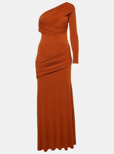 Chats By C.Dam Orange Jersey Knit Pansy Asymmetric Maxi Dress S