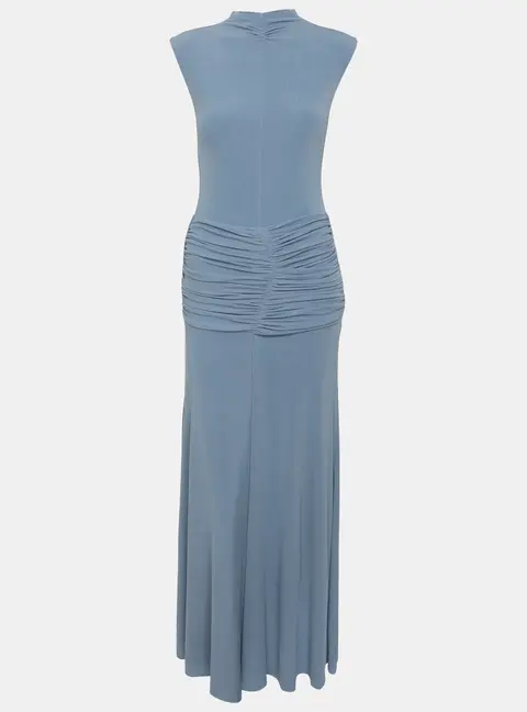 Chats By C.Dam Blue Jersey Knit Ruched Nana Maxi Dress M