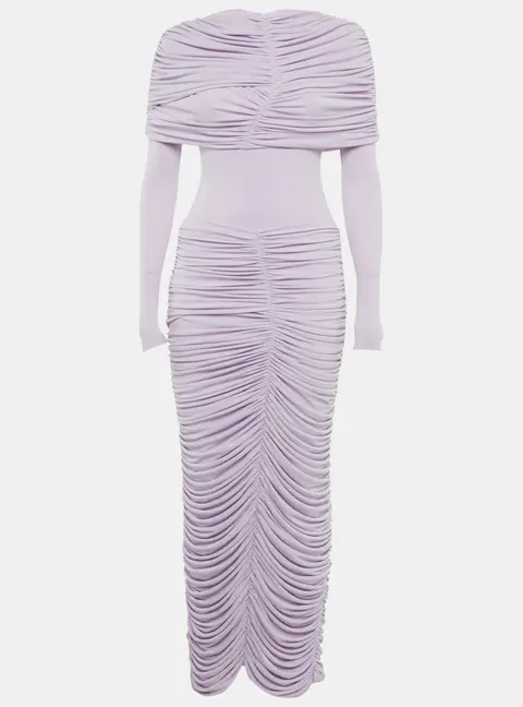 Chats By C.Dam Purple Jersey Symmetrical Draped Shoulder Serafina Dress XS