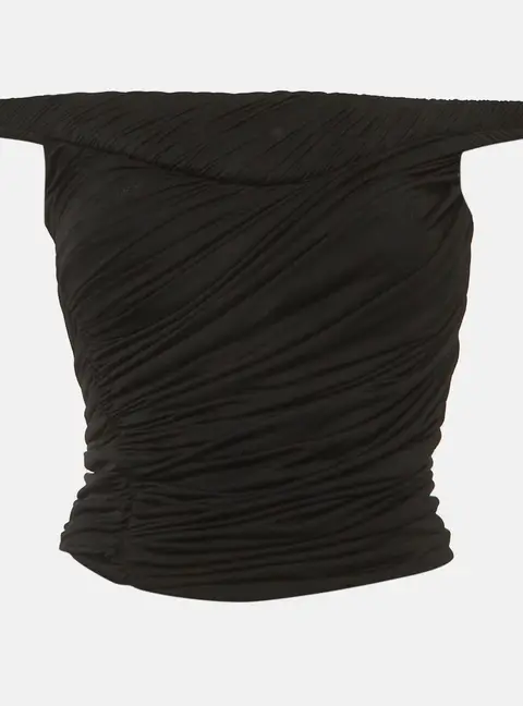 Chats By C.Dam Black Stretch Crepe Ruched Off Shoulder Top S