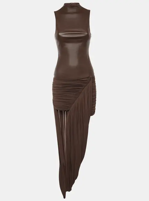 Chats by C.Dam Mesina Brown Stretch Twill and Crepe Knit Draped Long Dress S