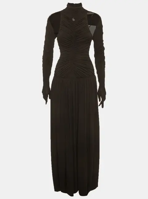 Chats by C. Dam Black Crepe Knit Ruched High Neck Maxi Dress S