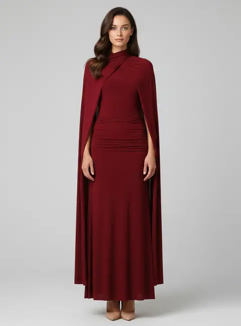 Chats By C.Dam Red Jersey Valeris Cape Maxi Dress M
