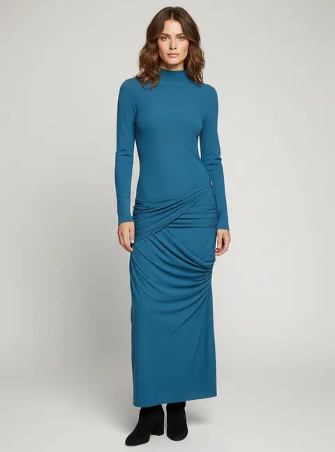 Chats by c. Dam Blue Knit Draped Long Sleeve Dress M