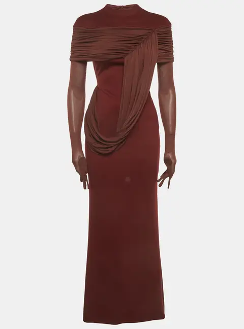 Chats By C.Dam Burgundy Stretch Crepe and Knit Draped Meydan Maxi Dress S