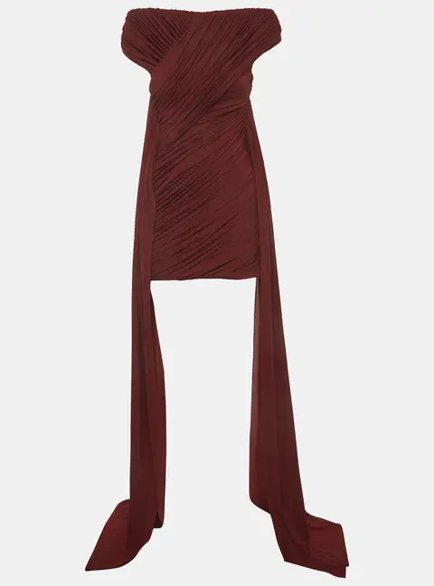 CHATS BY C.DAM Burgundy Jersey Asymmetric Draped Mini Dress S