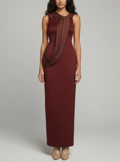 Chats By C.Dam Burgundy Jersey and Chiffon Draped High Slit Maxi Dress S