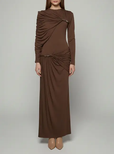 Chats By C.Dam Brown Knit Long Sleeve Draped Maxi Dress S