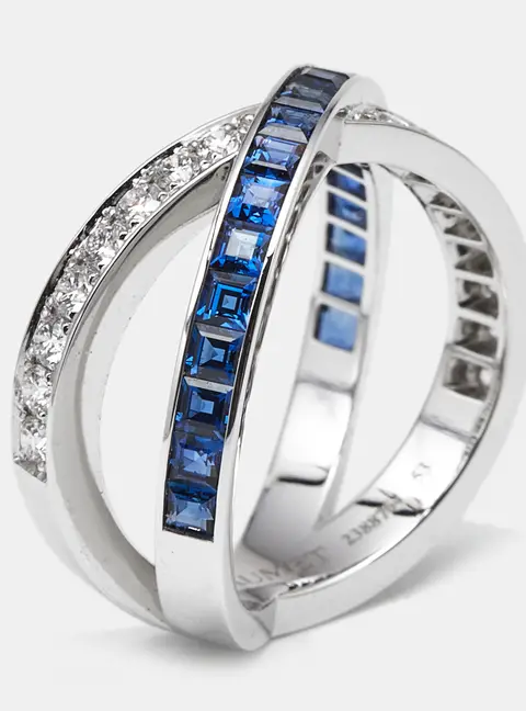 Chaumet Jeux de Liens Blue Sapphire Diamond 18k White Gold Rings EU 53