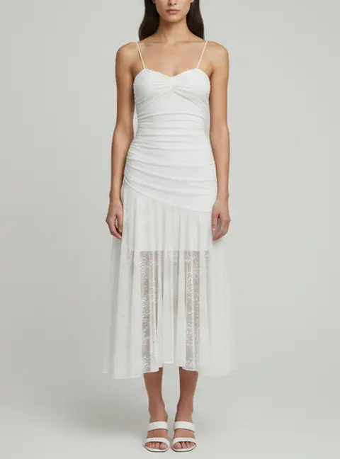 Cherie Attire White Draped Adela Lace Midi Dress XS