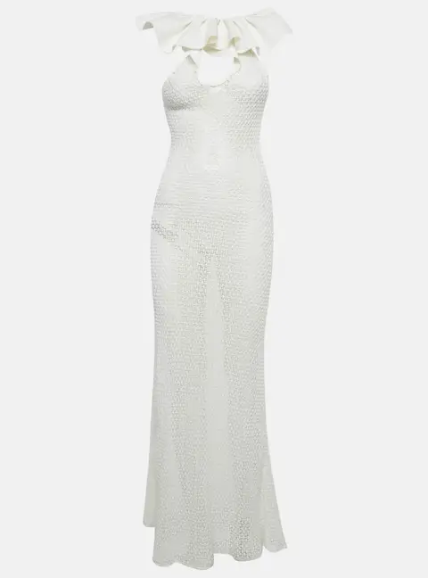 Chio White Stretch Crochet Ruffled Sheer Maxi Dress S