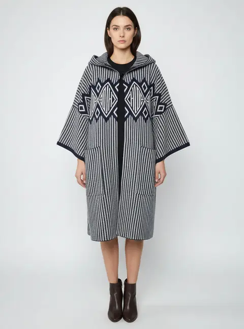 Chlo&eacute; Navy Blue Striped Logo-Intarsia Wool Blend Hooded Cardigan M