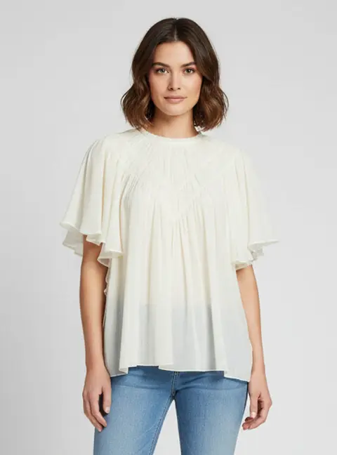 Chlo&eacute; Off White Gathered Yoke Wool Gauze Ruffled Blouse L