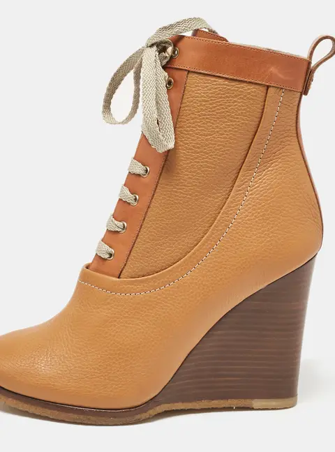 Chloe Brown Leather Lace Up Wedge Ankle Boots Size 37.5