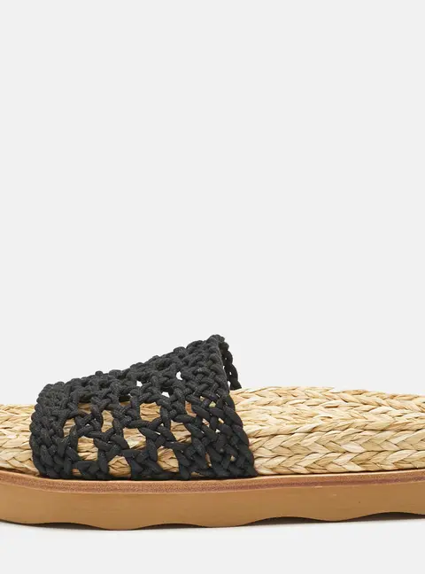Chloe Black Woven Crochet Wavy Flat Slides Size 40