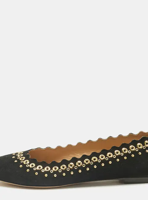Chloe Black Suede Studded Scalloped Ballet Flats Size 38.5