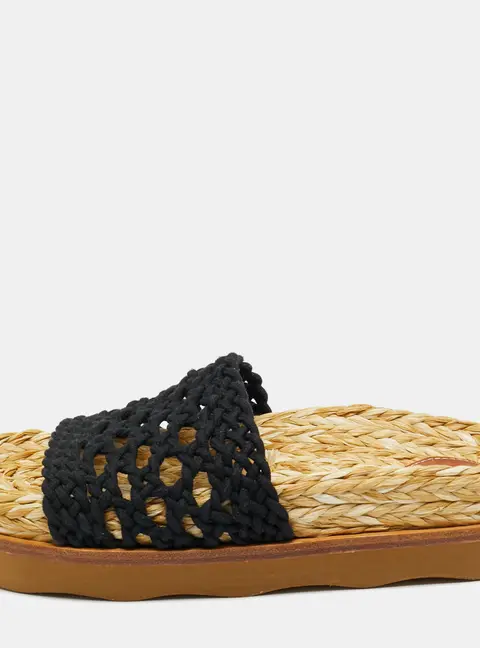 Chloe Black Woven Crochet Wavy Flat Slides Size 37