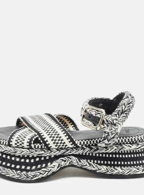 Chloe Meril Size 37 White/Black Knit Fabric Ankle Strap Sandals