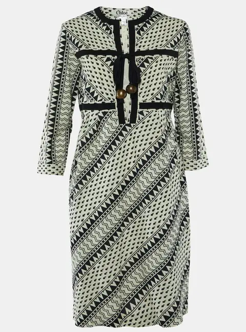 Chloe Black Printed Cotton Tie Detail Midi Dress L