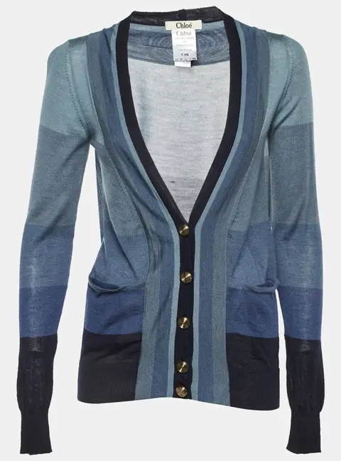 Chloe Grey/Blue Striped Cashmere & Silk Button Front Cardigan XS