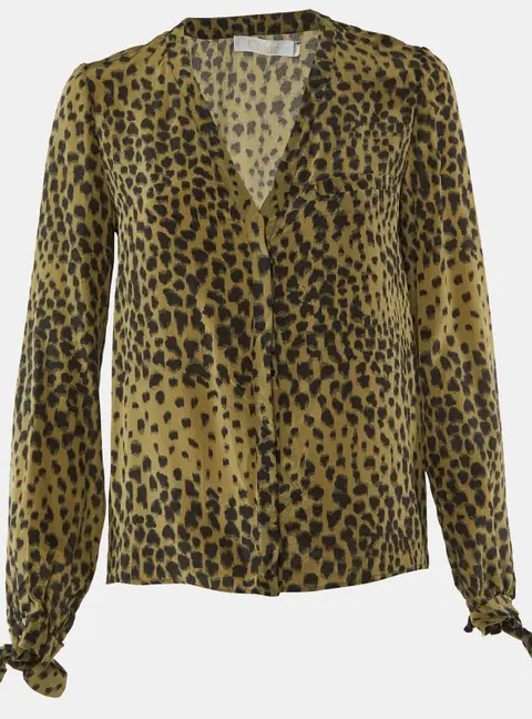 Chloe Taupe Green Printed Silk Button Front Blouse M