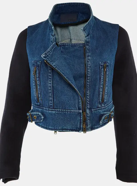 Chloe Blue Denim & Wool Cropped Zip Up Jacket S