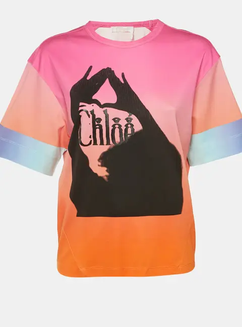 Chlo&eacute; Pink/Orange Graphic Logo Print Cotton T-Shirt S