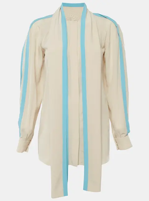 Chlo&eacute; Light Beige/Blue Silk Tie Detail Blouse S