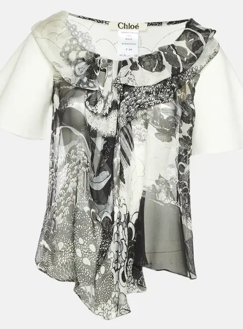 Chloe Monochrome Print Chiffon and Canvas Paneled Blouse S