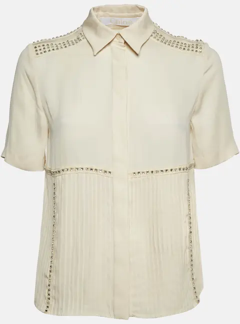 Chloe Beige Lace Pin Tuck Detail Silk Short Sleeves Shirt S