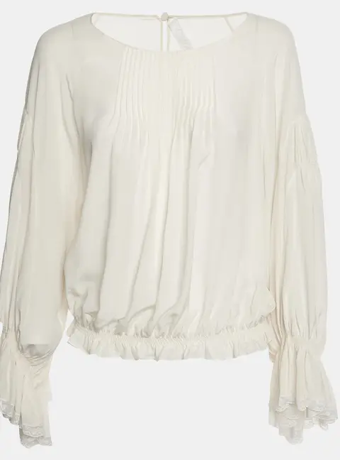 Chlo&eacute; Cream Silk Crepe de Chine Lace Trim Ruffled Blouse S