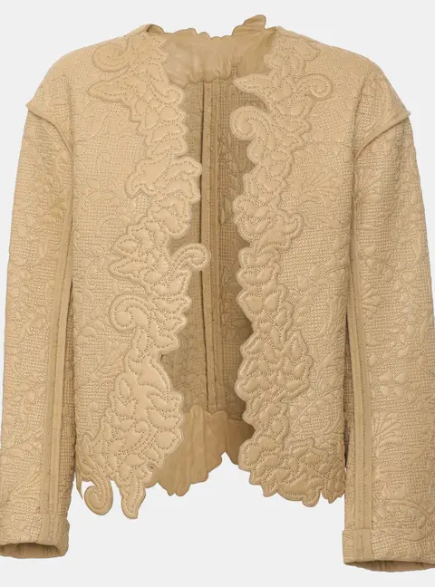 Chlo&eacute; Beige Floral Embroidered Lambskin Leather Open Front Scalope Jacket M