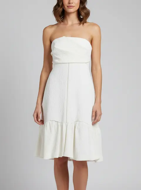 Chloe White Floral Jacquard Ruffled Strapless Midi Dress S