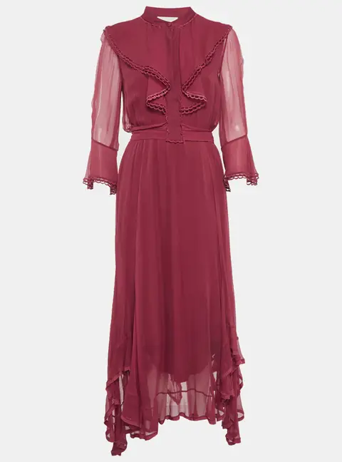 Chlo&eacute; Burgundy Chiffon Silk High Neck Asymmetrical Maxi Dress S