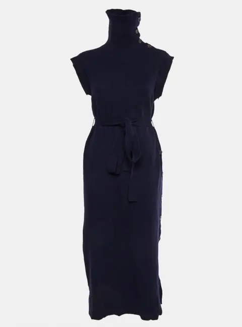 Chloe Navy Blue Wool Blend Turtleneck Midi Dress M