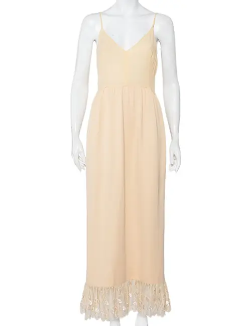 Chloe Vintage Beige Silk & Crepe Paneled Lace Trim Maxi Dress M