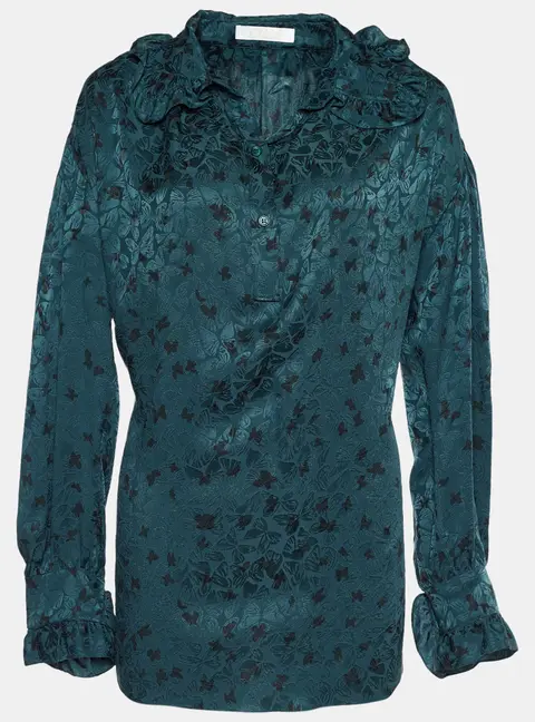 Chloe Green Silk Butterfly Jacquard Oversized Blouse M