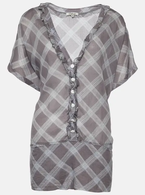 Chloe Grey Check Print Cotton Ruffle Detail Oversized Blouse L
