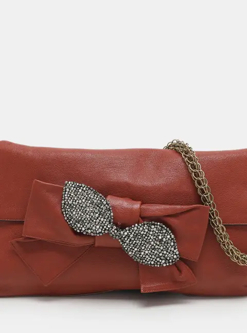 Chloe Brick Leather Crystal Bow Embellished Chain Bag