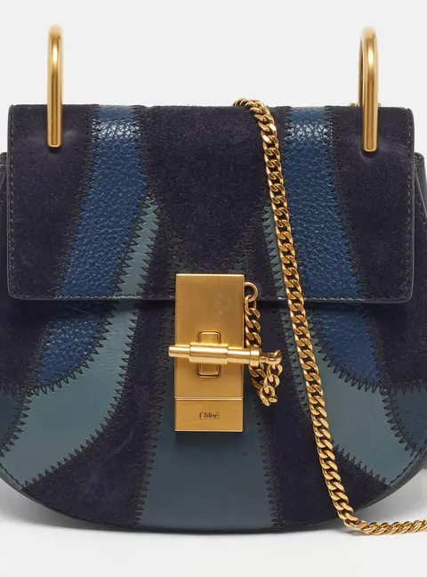 Chlo&eacute; Drew Patchwork Mini Blue Chain Shoulder Bag