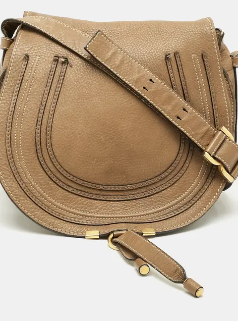 Chloe Marcie Saddle Flap Beige Leather Crossbody Bag
