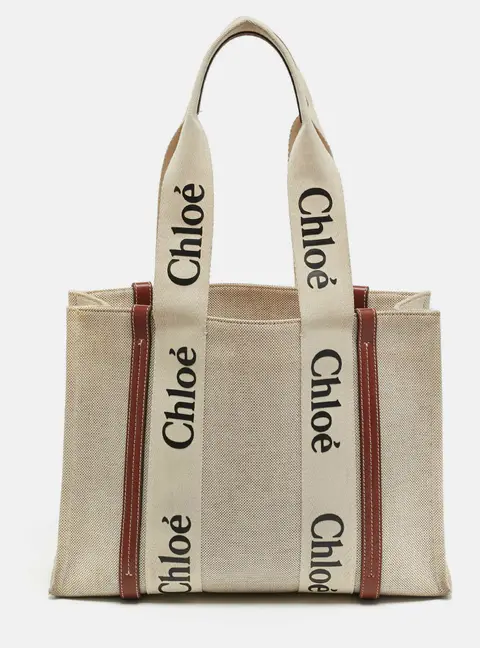 Chloe Woody Medium Beige/Brown Canvas and Leather Tote