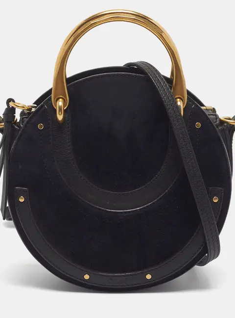 Chlo&eacute; Pixie Small Black Leather and Suede Round Crossbody Bag