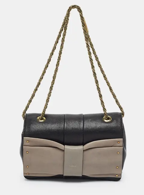 Chloe June Bow Flap Black/Grey Leather Shoulder Bag