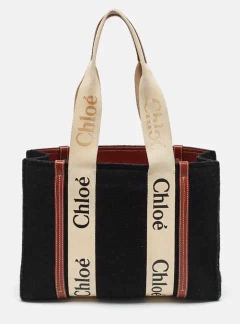 Chloe Woody Medium Black/Beige Wool and Leather Tote