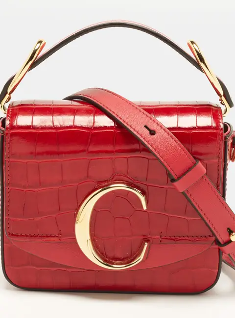 Chlo&eacute; C Mini Red Croc Embossed Leather Top Handle Bag