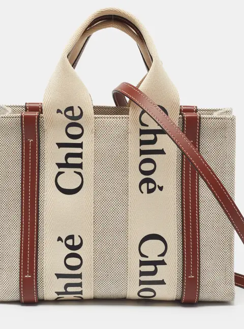 Chlo&eacute; Woody Small Beige/Brown Canvas and Leather Tote