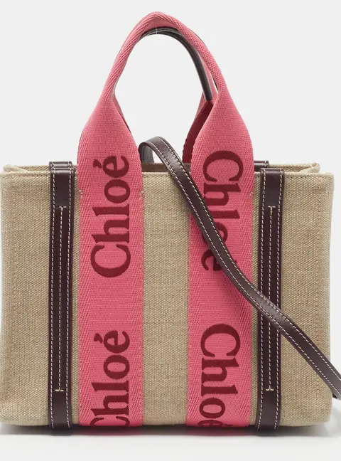 Chlo&eacute; Woody Small Pink/Brown Canvas and Leather Tote