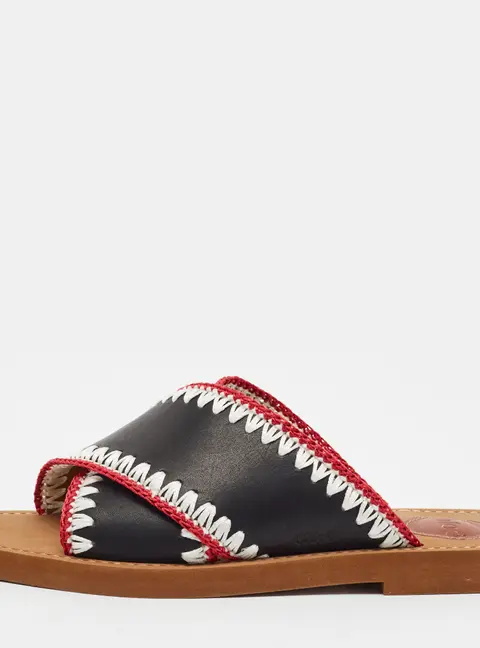 Chloe Woody Size 38 Tricolor Threaded Leather Criss-Cross Strap Flat Slide